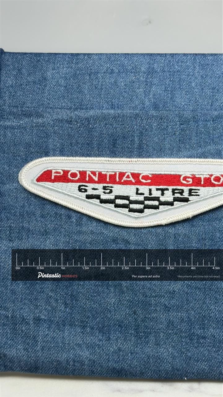 Pontiac GTO 6.5 Litre Patch: Red & White - Muscle Car Accessory with ruler overlay for size reference