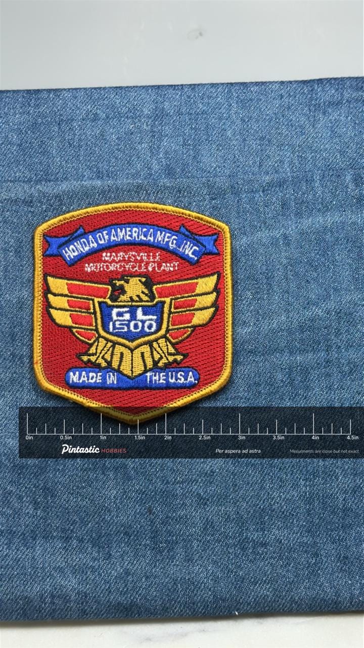 Honda GL1500 Plant Patch: Red Gold USA - 1990s Factory Accessory with ruler overlay for size reference