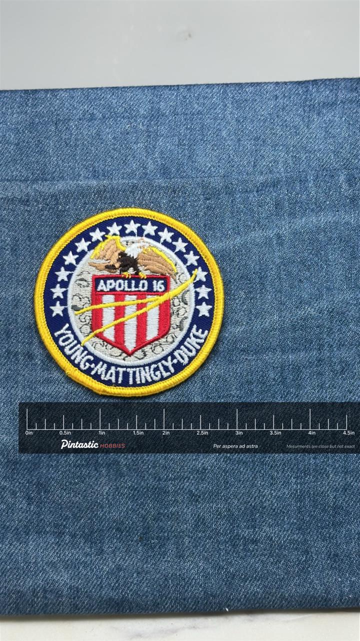 Apollo 16 Mission Patch: Red White Blue - NASA Space Accessory with ruler overlay for size reference