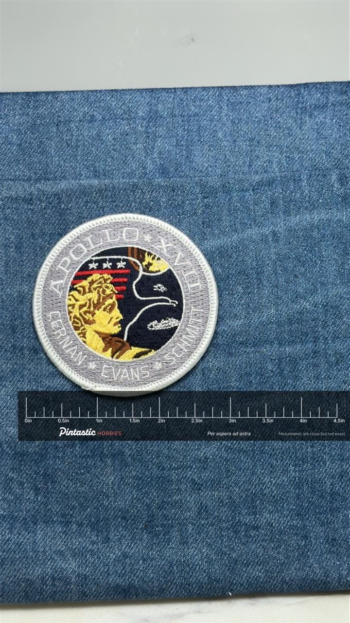 Apollo XVII Mission Patch: Gray Border - NASA Space Accessory with ruler overlay for size reference
