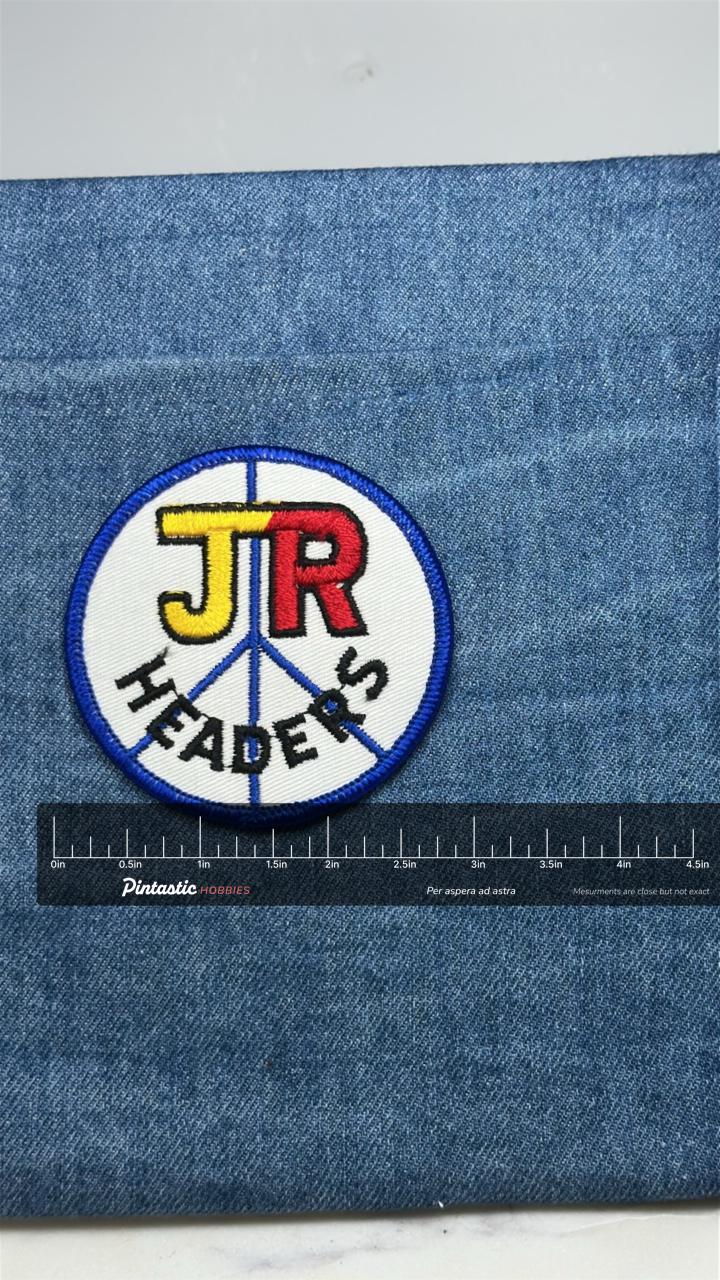 JR Invaders Patch: Blue Border Round - Retro Logo Accessory with ruler overlay for size reference