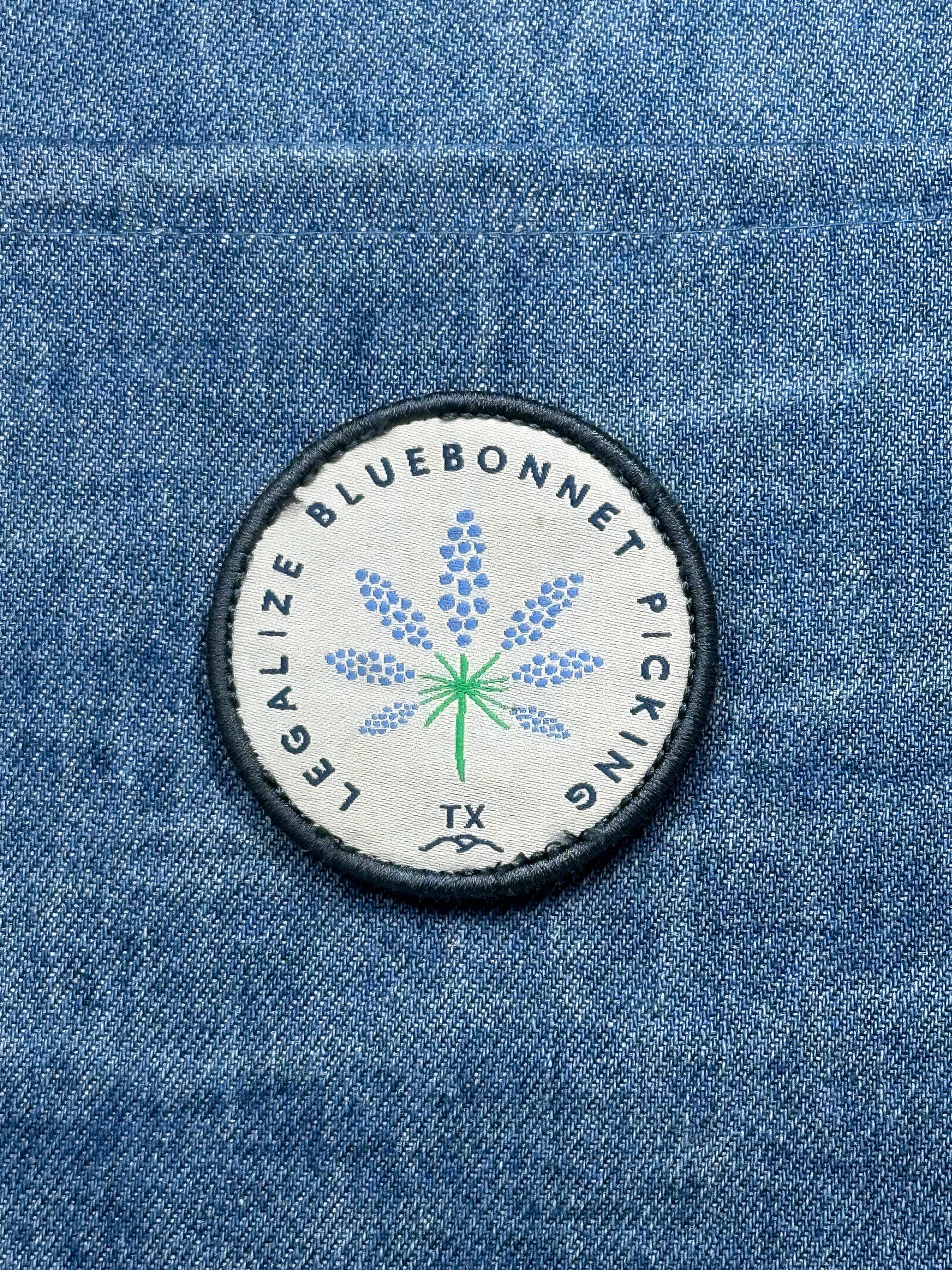 Legalize Bluebonnet Picking TX Patch: Round Black Border - Texas Accessory
