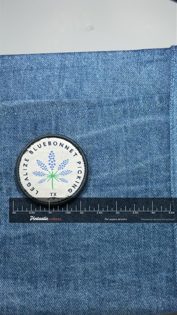 Legalize Bluebonnet Picking TX Patch: Round Black Border - Texas Accessory with ruler overlay for size reference