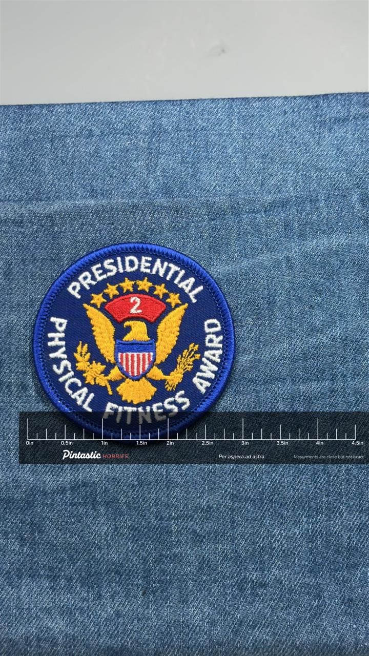 Vintage Presidential Physical Fitness Award 2 Year Embroidered Patch with ruler overlay for size reference