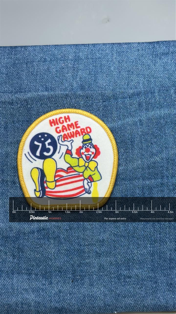 75 High Game Award Patch: Yellow Border - Vintage Bowling Accessory with ruler overlay for size reference
