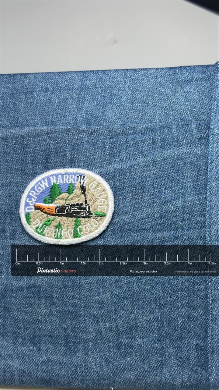 Vintage D&RGW Narrow Gauge Durango Colorado Train Embroidered Patch with ruler overlay for size reference