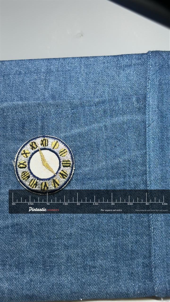 Vintage Clock Face Embroidered Patch Blue White Gold Timepiece Patch with ruler overlay for size reference