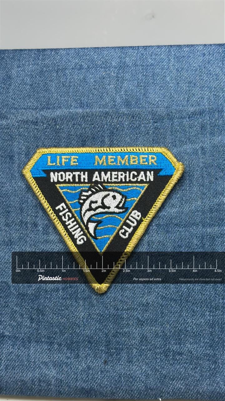 North American Fishing Club Patch: Blue Gold - Member Accessory with ruler overlay for size reference