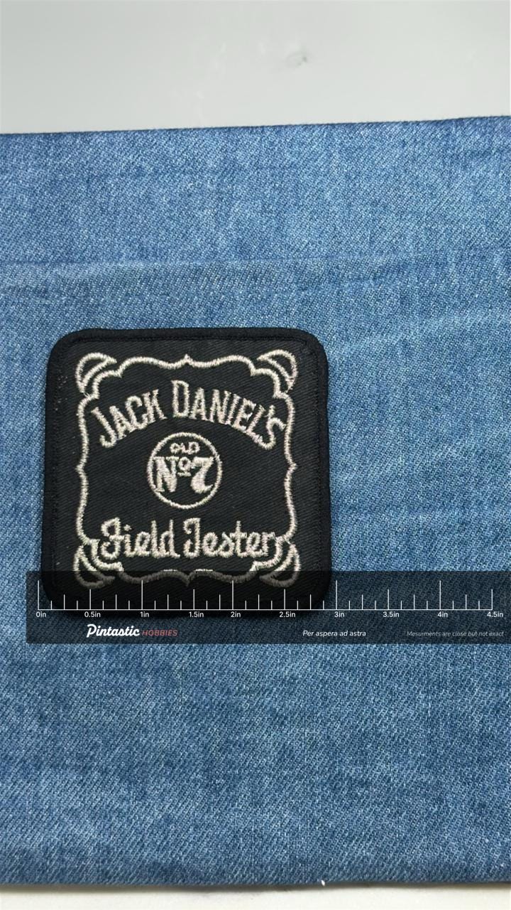 Jack Daniel's Field Tester Patch: Black & White Label - Whiskey Accessory with ruler overlay for size reference