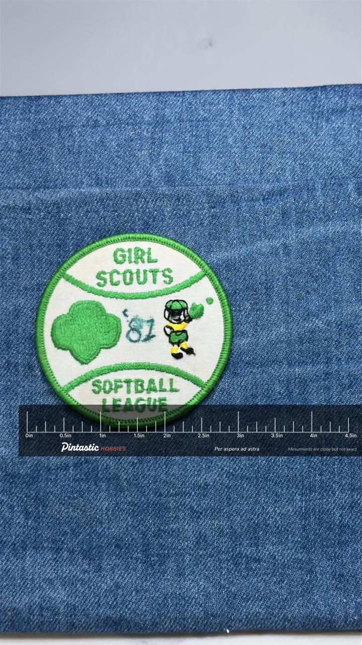 Girl Scouts Oz Softball Patch: Green White - Vintage League Accessory with ruler overlay for size reference