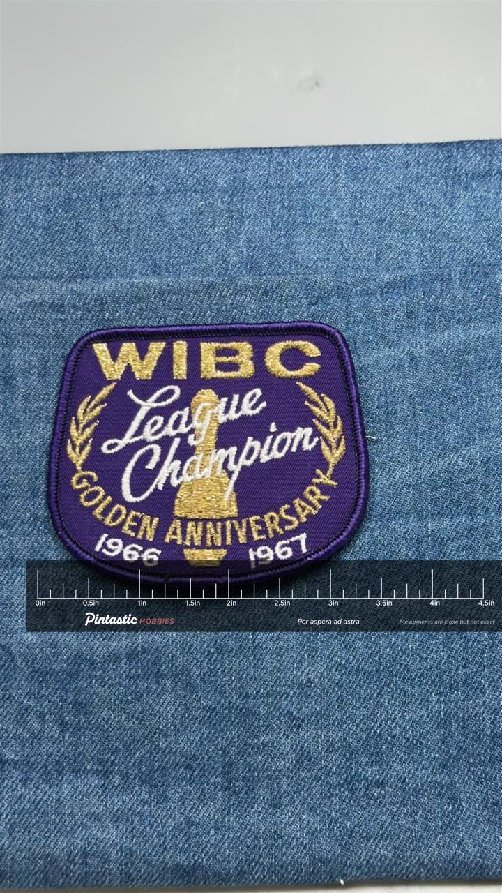 WIBC League Champion Patch: Purple Gold - 1966-1967 Bowling with ruler overlay for size reference