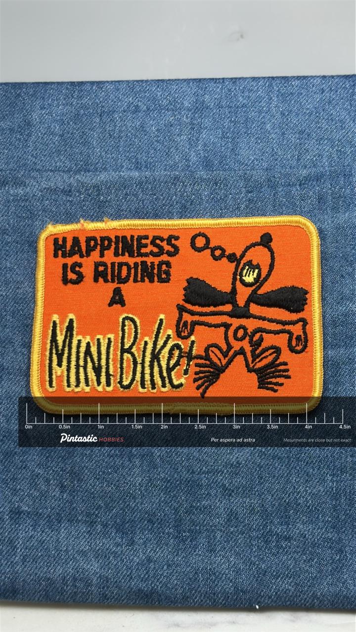 Mini Bike Patch: Orange Novelty - 1970s Biker Accessory with ruler overlay for size reference