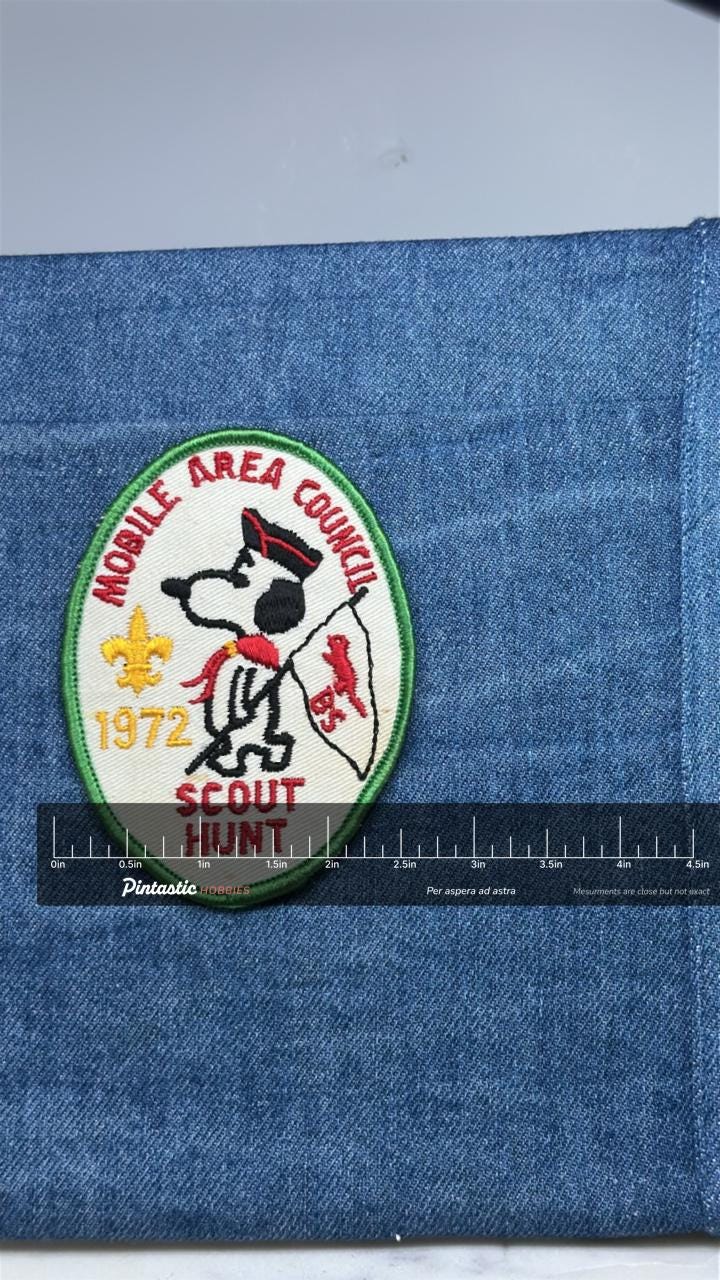 Mobile Area Council Patch: Green Border - 1972 Scout Hunt Accessory with ruler overlay for size reference