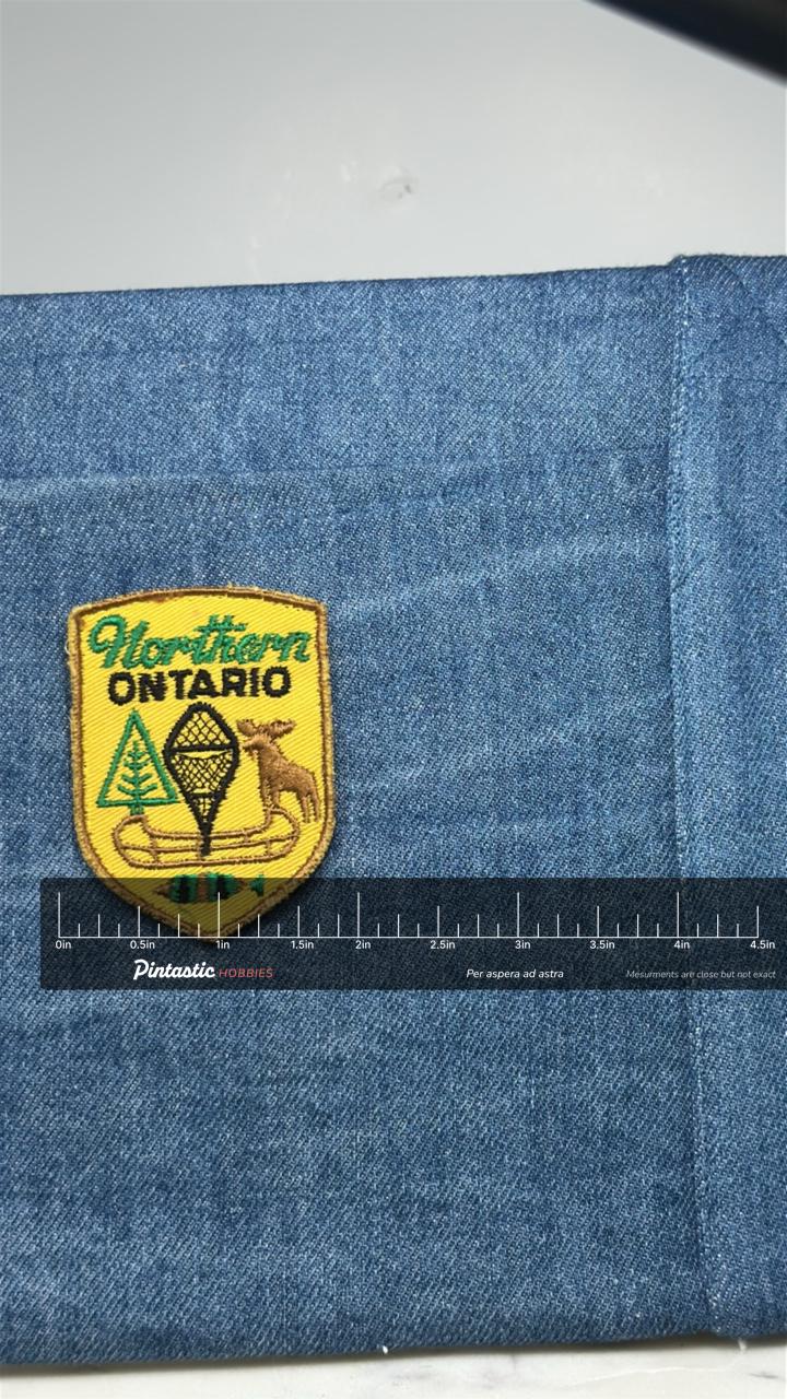 Northern Ontario Patch: Yellow Shield - Canada Travel Accessory with ruler overlay for size reference