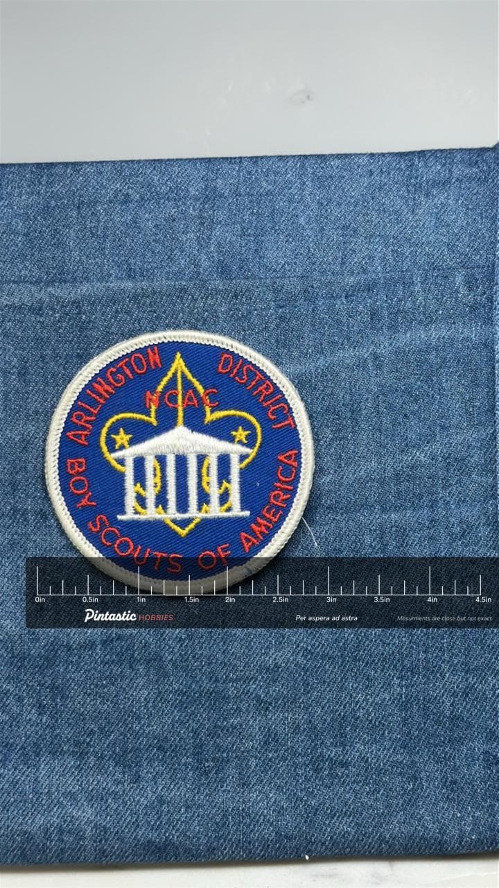 Arlington District Boy Scouts Patch: Blue Red Round - BSA Scouting Accessory with ruler overlay for size reference