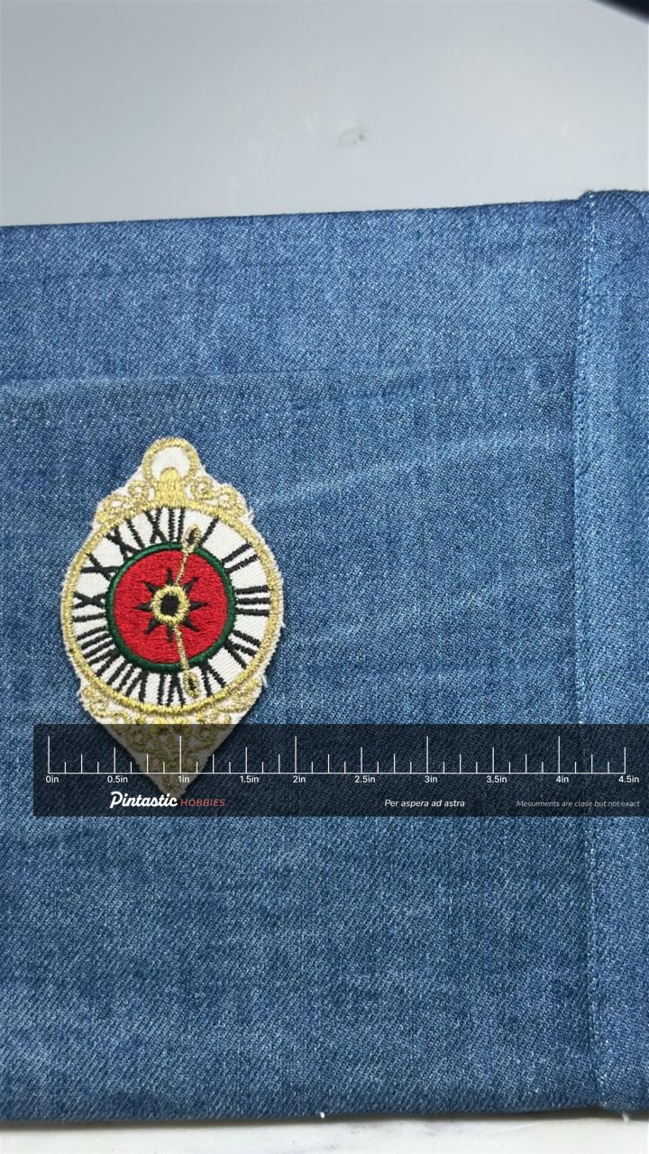 Pocket Watch Patch: Gold Trim Red - Vintage Timepiece Accessory with ruler overlay for size reference