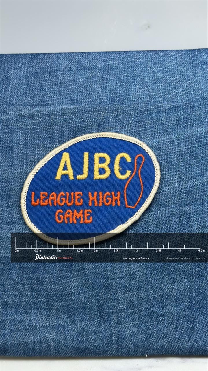 AJBC League High Game Patch: Blue & Gold - Bowling Award Accessory with ruler overlay for size reference