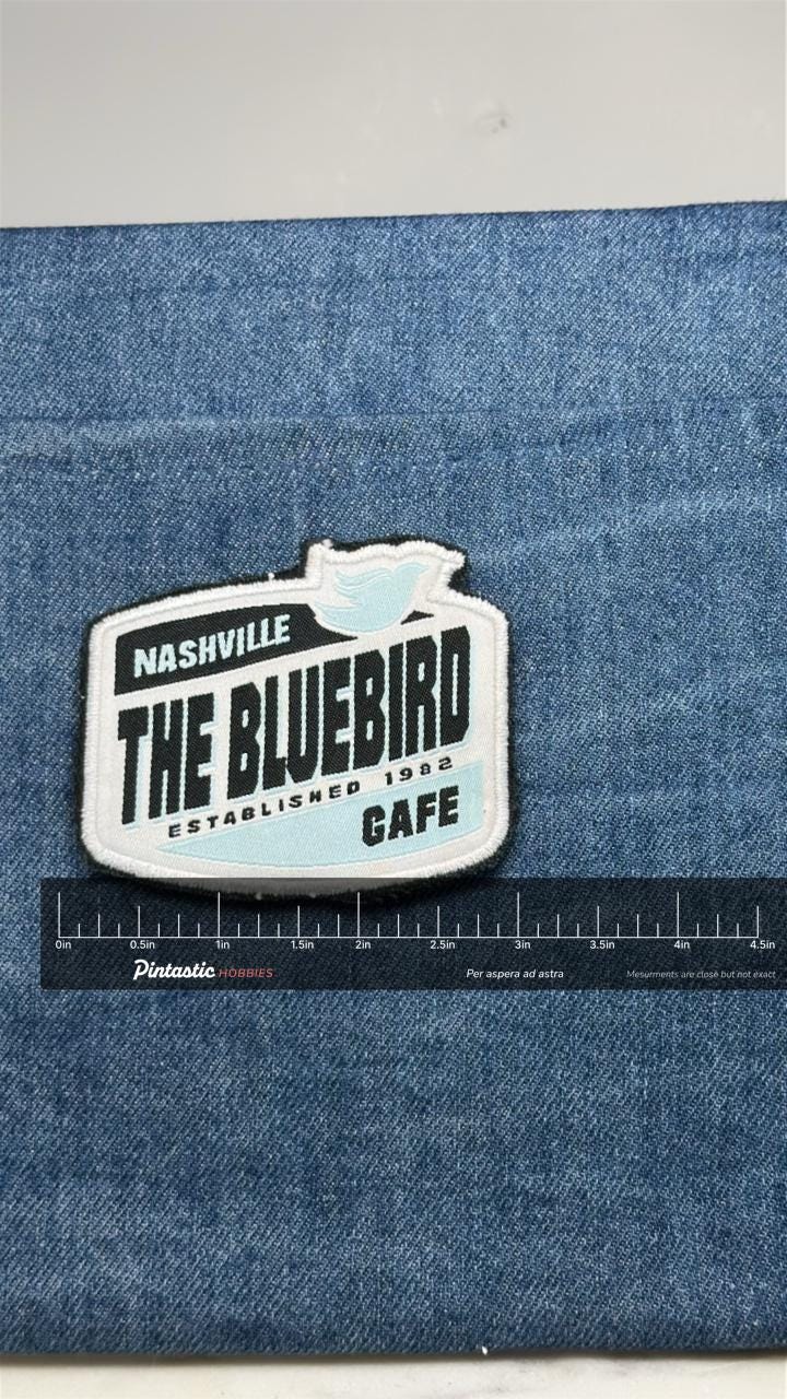 Nashville The Bluebird Cafe Patch: Blue & Black - Music Venue Accessory with ruler overlay for size reference