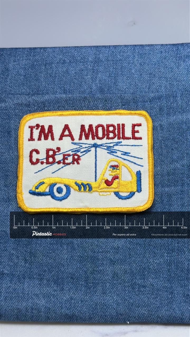 Im A Mobile CBer Patch: Yellow Border - Retro Radio Accessory with ruler overlay for size reference