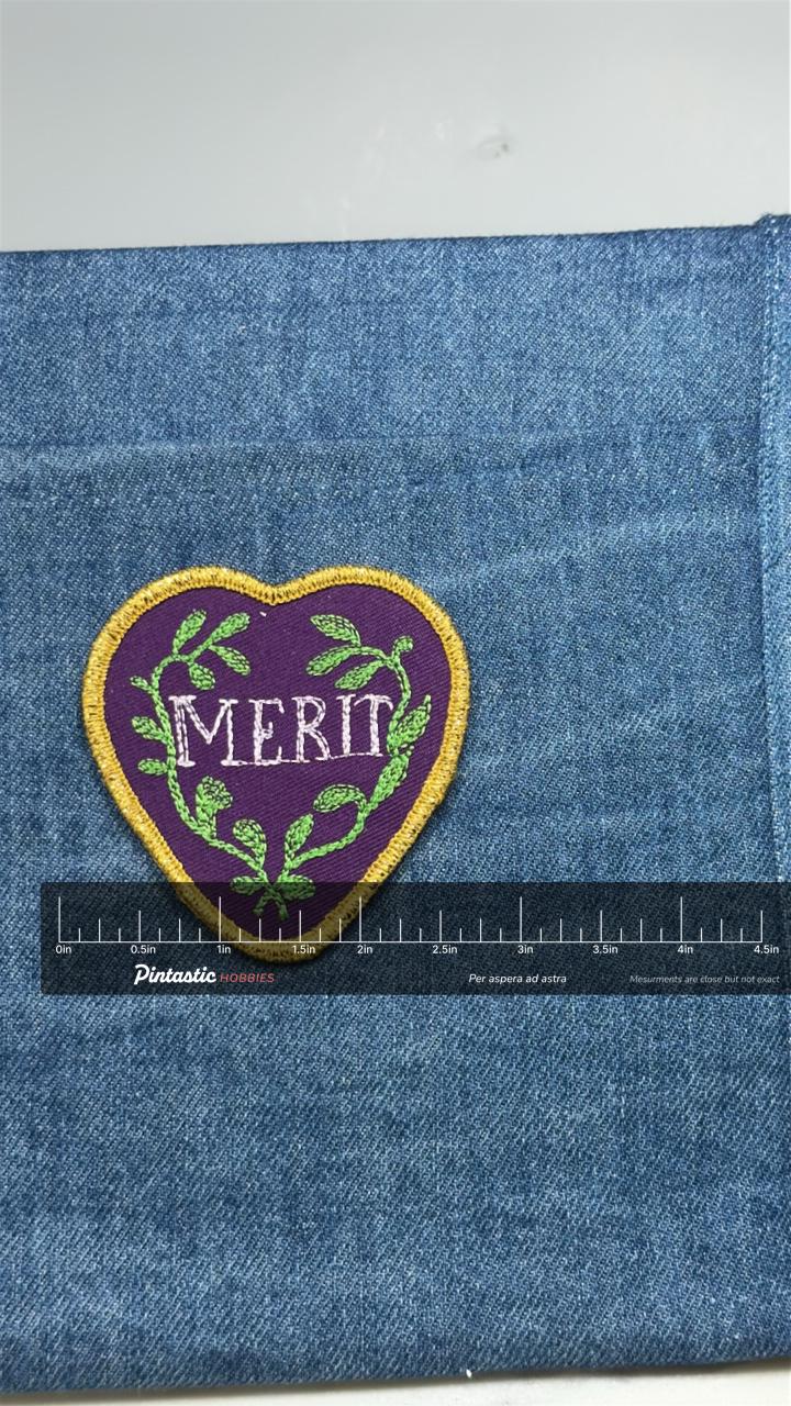 Merit Heart Patch: Purple & Gold Floral - Vintage Award Accessory with ruler overlay for size reference