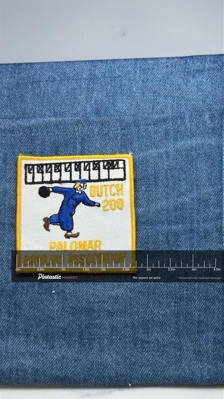 Dutch 200 Patch: Yellow Border - Bowling League Award Accessory with ruler overlay for size reference