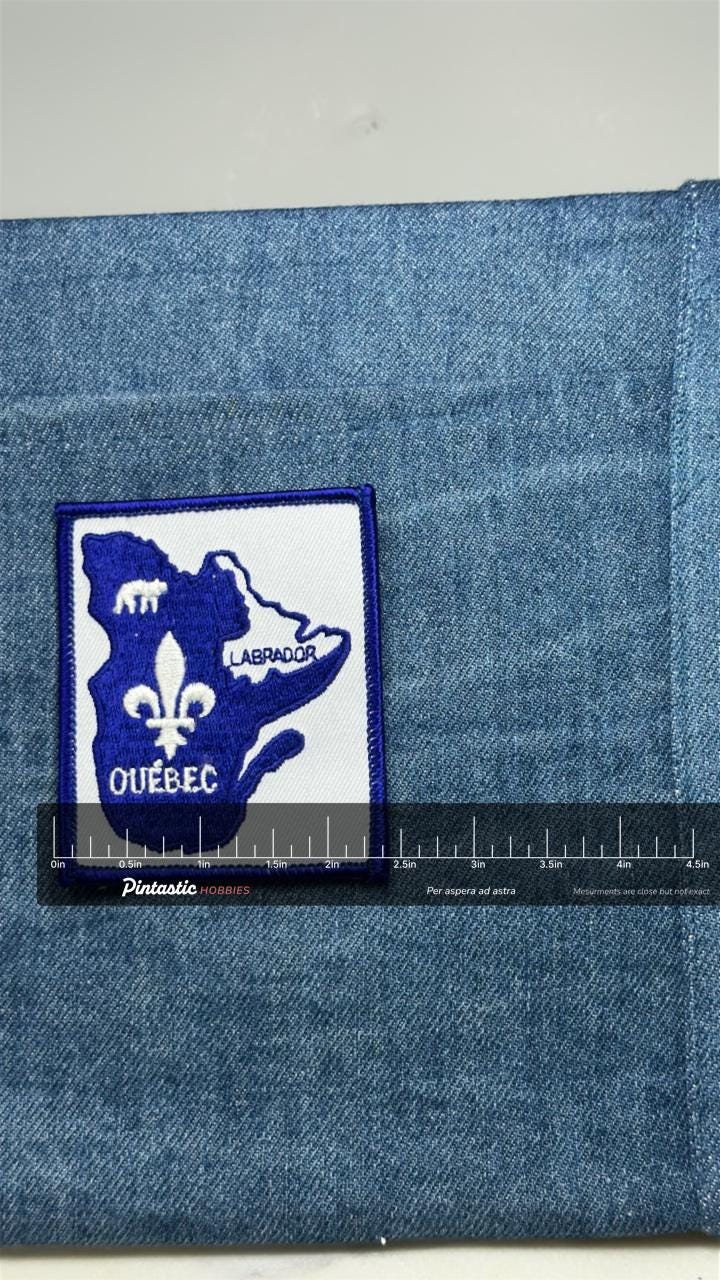 Quebec Labrador Map Patch: Blue & White - Canada Souvenir Accessory with ruler overlay for size reference