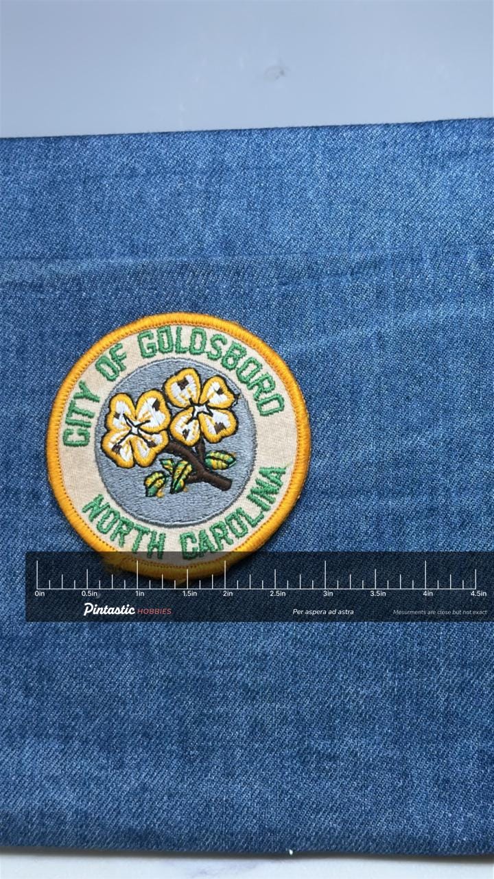 City of Goldsboro Patch: Yellow Border - NC Souvenir Accessory with ruler overlay for size reference