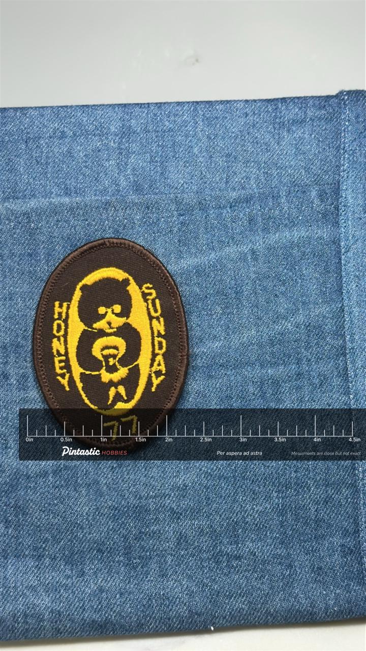 Vintage Honey Sunday 77 Embroidered Patch Brown Yellow Scout Style Patch with ruler overlay for size reference