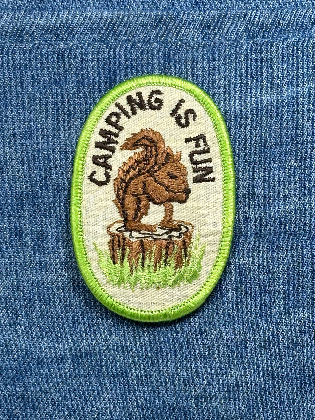 Camping Is Fun Patch: Green Border Oval - Outdoor Accessory