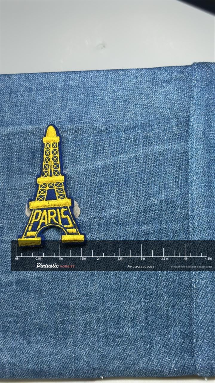 Paris Eiffel Tower Patch: Blue & Gold - Travel Souvenir Accessory with ruler overlay for size reference