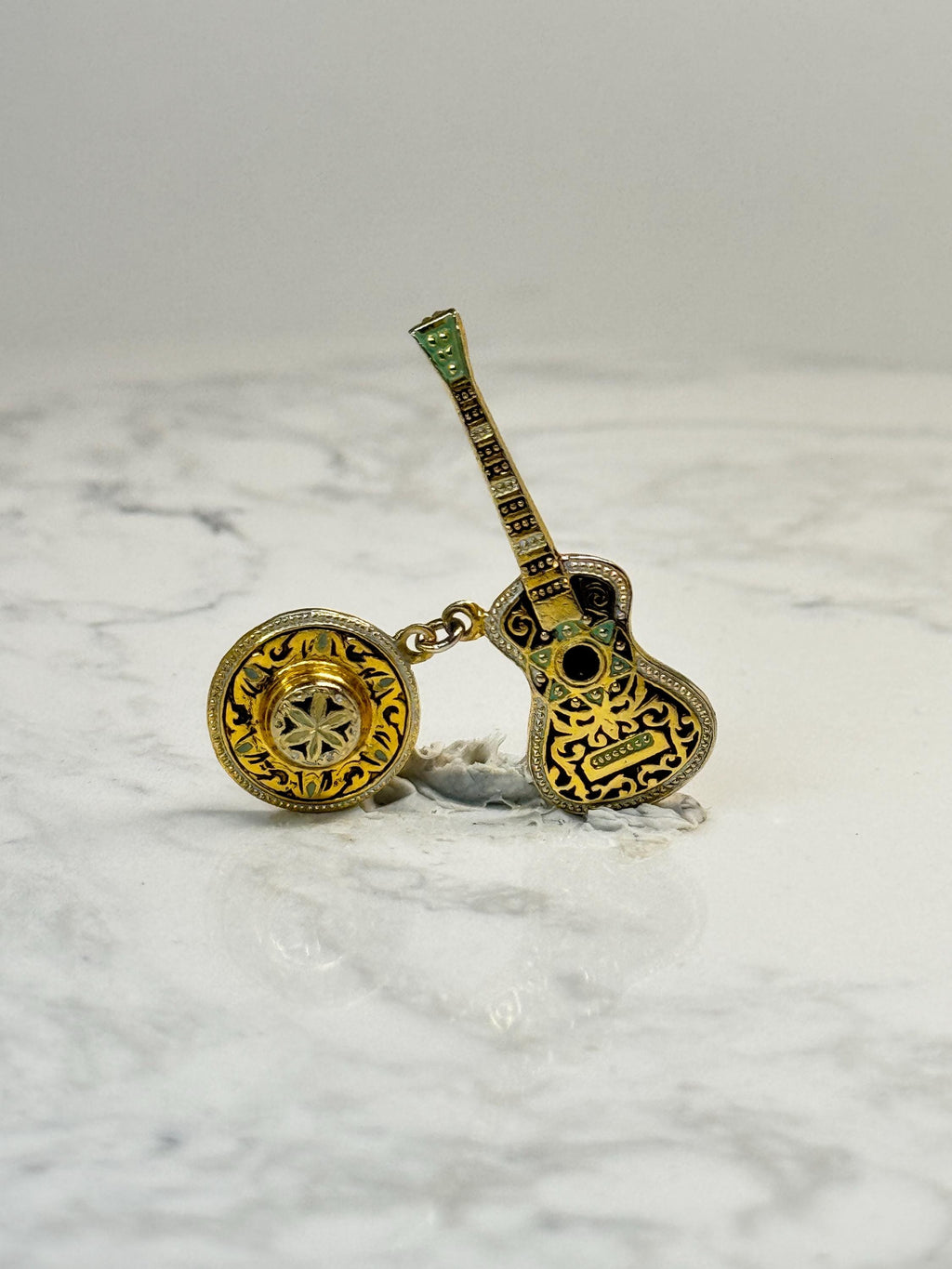 Spanish Guitar & Castanet Dangle Pin: Gold Tone Enamel - Music Souvenir Accessory