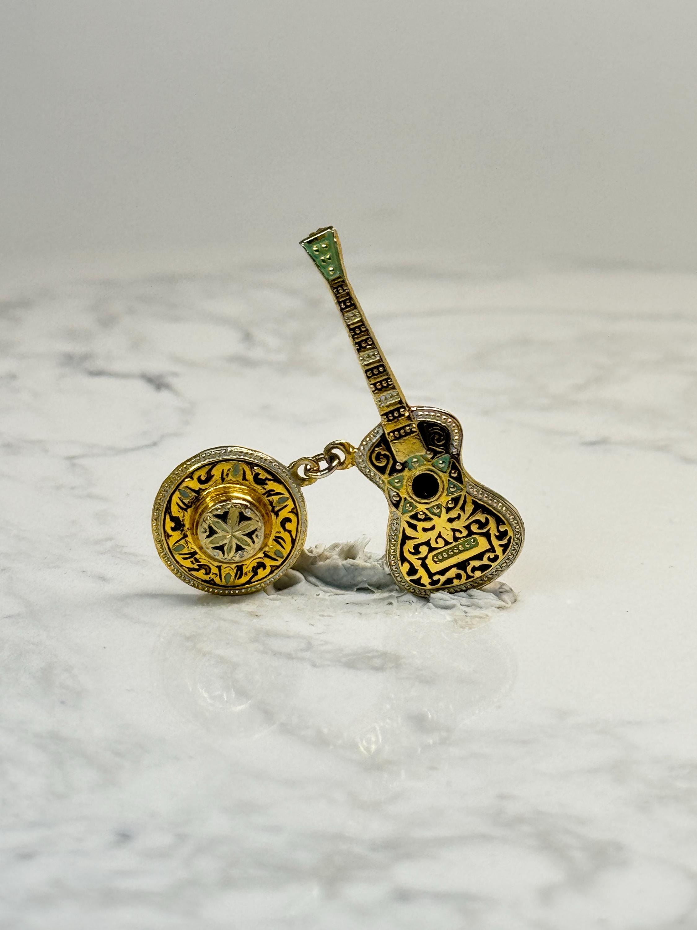 Spanish Guitar & Castanet Dangle Pin: Gold Tone Enamel - Music Souvenir Accessory