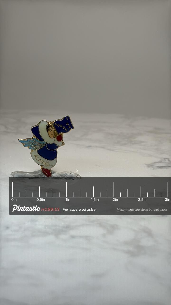 Alaska Angel Souvenir Pin: Blue Enamel Gold Tone - Travel Accessory with ruler overlay for size reference