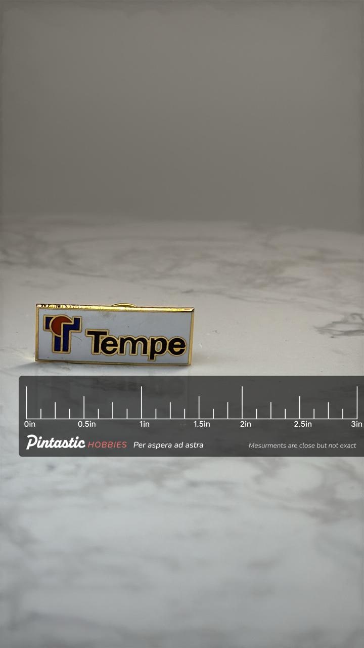 Tempe City Lapel Pin: White Enamel Gold Tone - Arizona Souvenir with ruler overlay for size reference