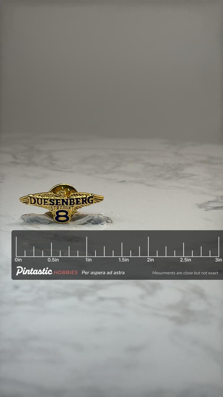 Duesenberg Straight 8 Car Pin: Gold Tone Enamel - Classic Auto Accessory with ruler overlay for size reference