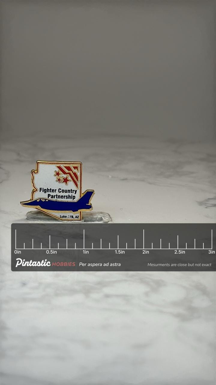 Fighter Country Partnership Enamel Pin: Gold Tone - AZ Military Accessory with ruler overlay for size reference