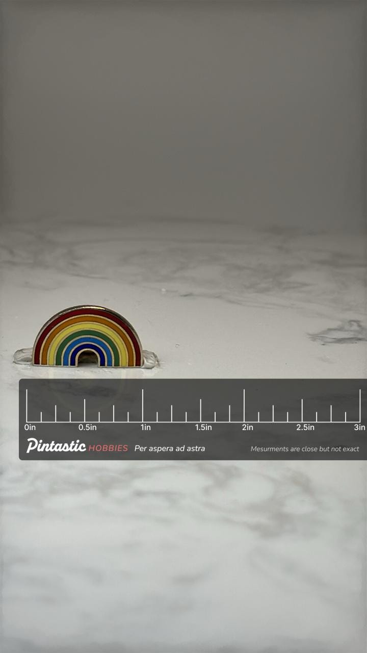 Rainbow Arch Enamel Pin: Multicolor Gold Tone - Retro Accessory with ruler overlay for size reference