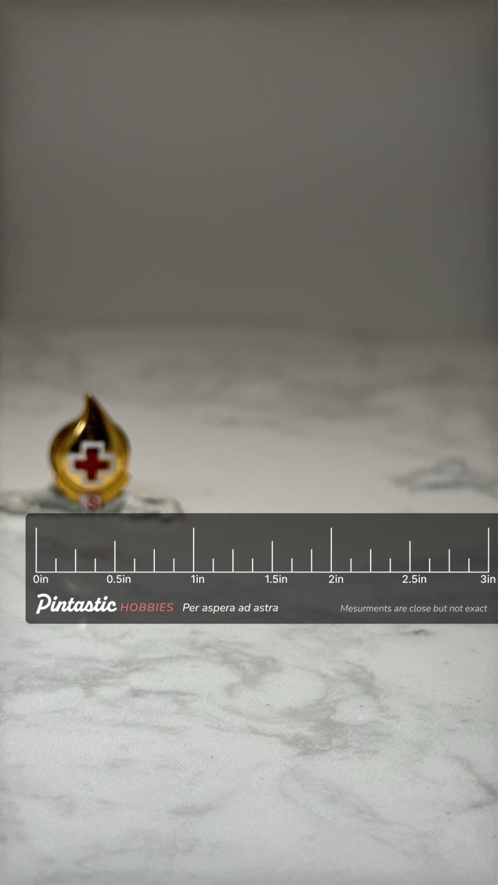 Red Cross Blood 3 Gallon Drop Pin: Gold Tone Enamel - Medical Service Award with ruler overlay for size reference