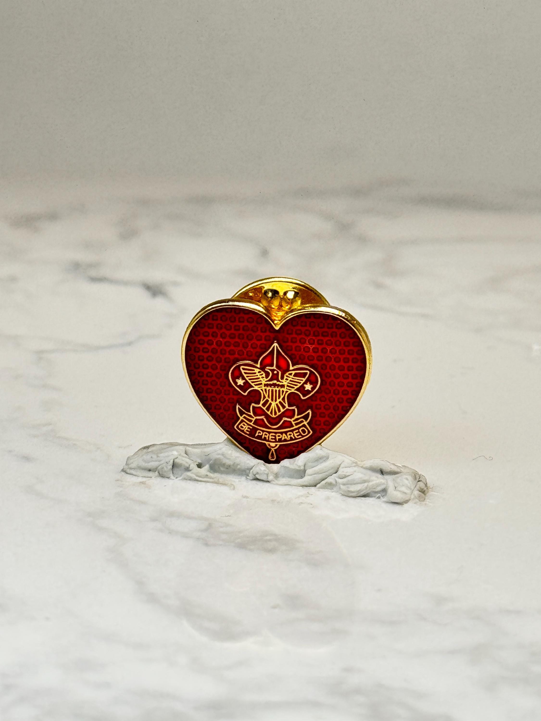 Boy Scouts Heart Lapel Pin: Red Enamel Gold Tone - BSA Motto