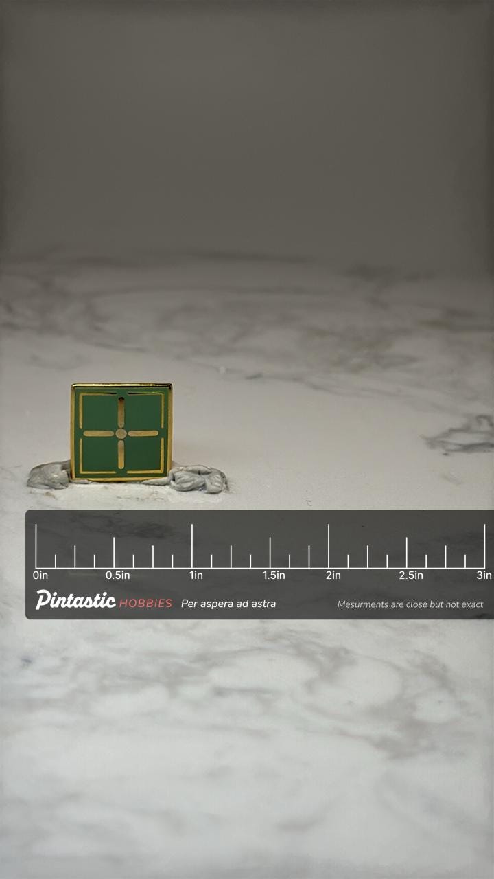 Cross Symbol Enamel Pin: Green & Gold Square - Religious Accessory with ruler overlay for size reference