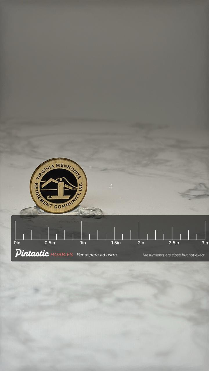 Virginia Mennonite Retirement Pin: Gold Tone Enamel - Religious Community Accessory with ruler overlay for size reference