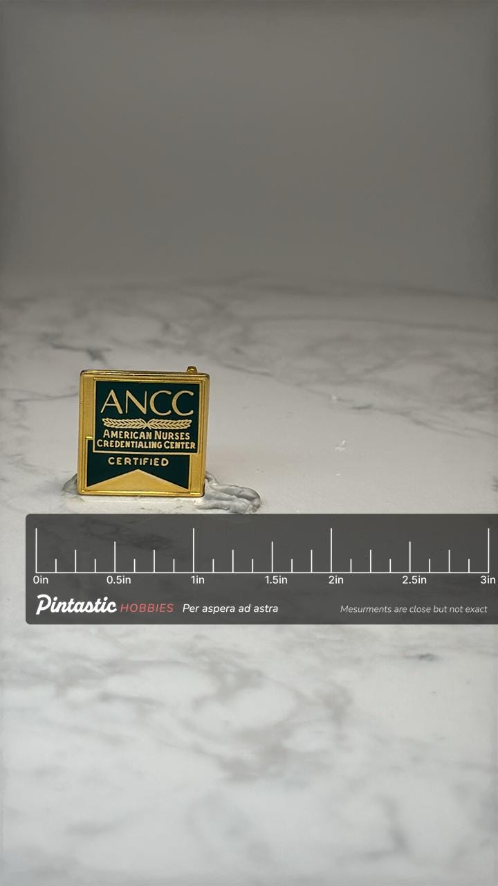 ANCC Certified Nurse Lapel Pin: Gold Tone Enamel - Medical Career Accessory with ruler overlay for size reference