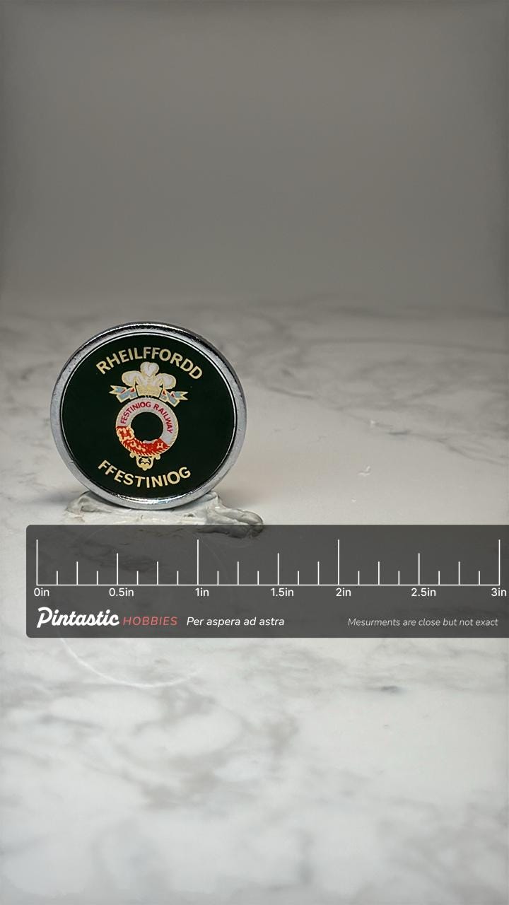 Ffestiniog Railway Souvenir Pin: Green Enamel - Welsh Train Accessory with ruler overlay for size reference
