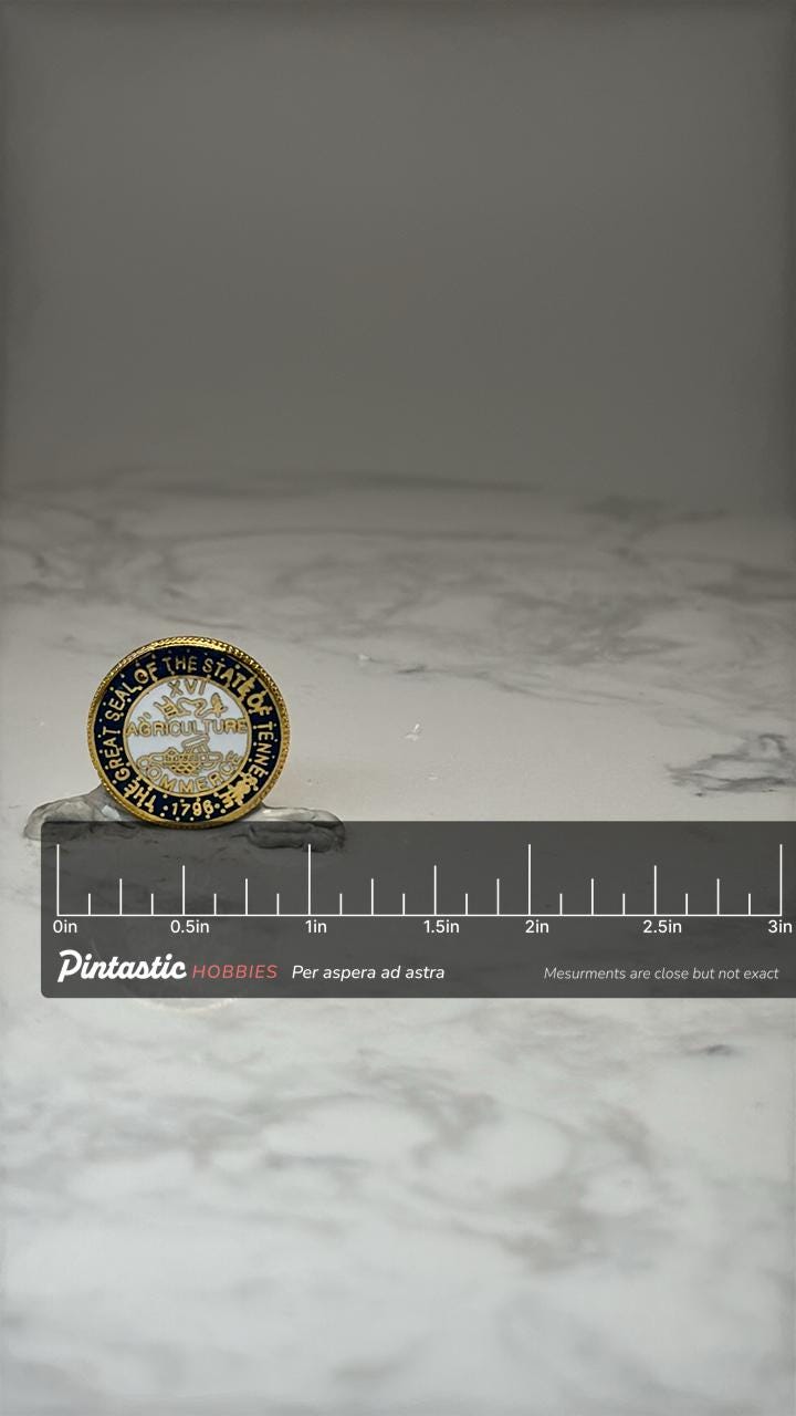 Tennessee State Seal Enamel Pin: Gold Tone Blue - State Pride Accessory with ruler overlay for size reference