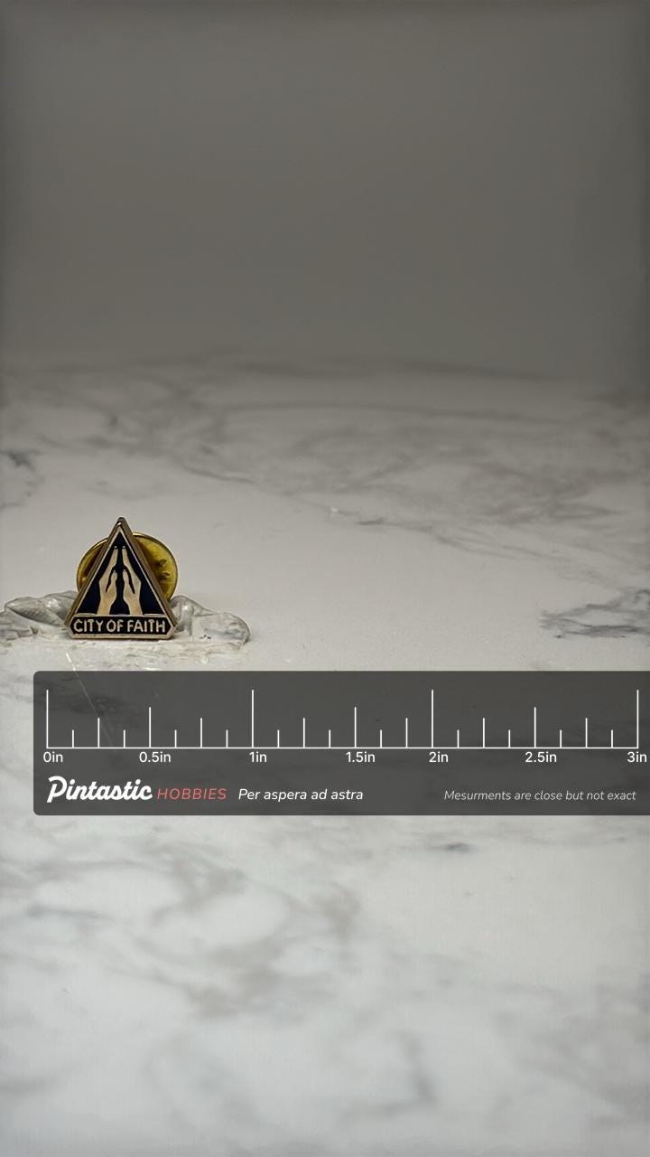 City of Faith Religious Lapel Pin: Gold Tone Enamel - Faith Accessory with ruler overlay for size reference
