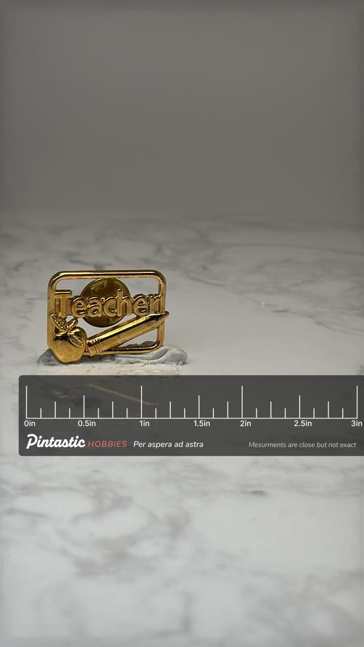 Teacher Apple & Pencil Pin: Gold Tone - School Accessory with ruler overlay for size reference