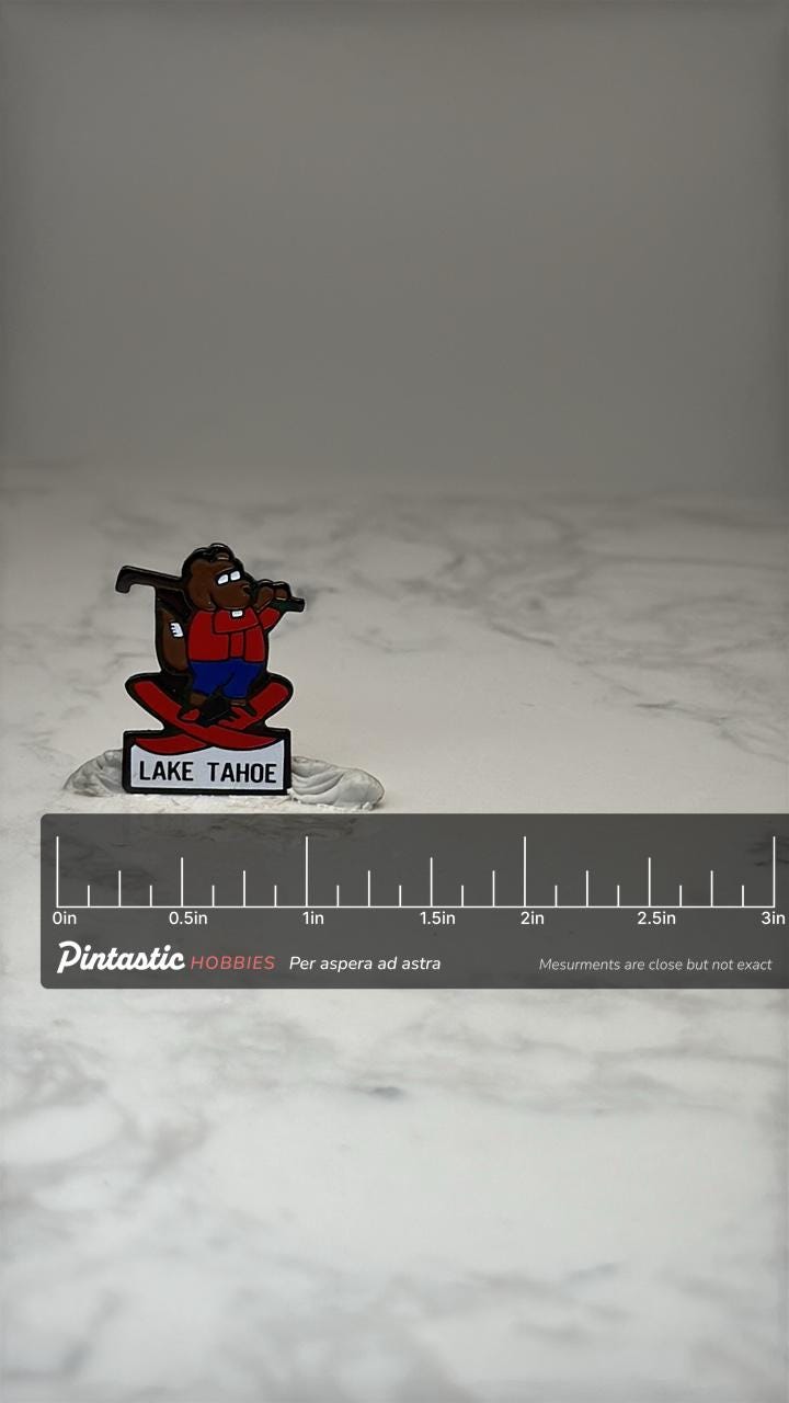 Lake Tahoe Bear Skier Pin: Enamel Souvenir - Ski Resort Accessory with ruler overlay for size reference