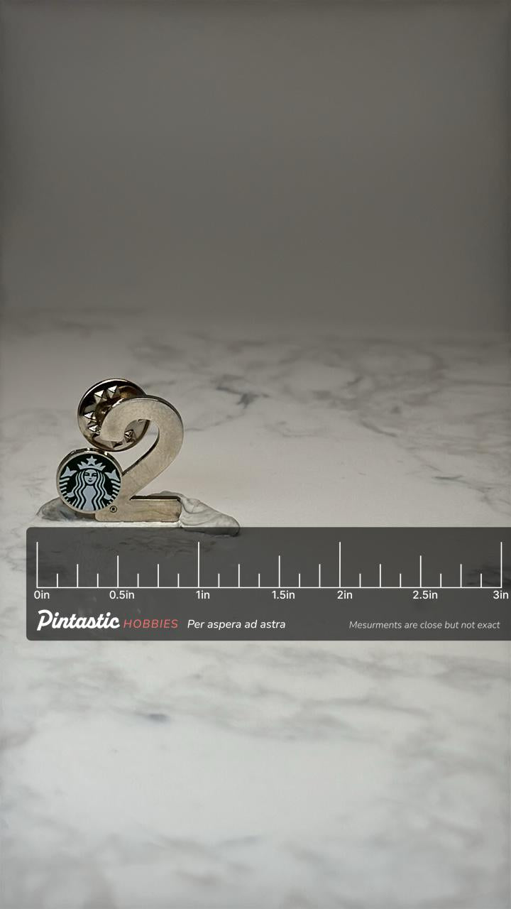 Starbucks 2 Year Service Award Employee Lapel Pin Silver Tone Barista Pinback with ruler overlay for size reference