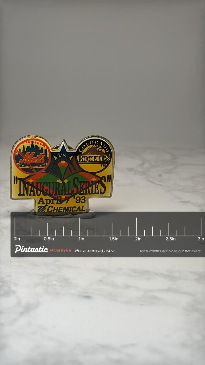 Mets vs Rockies Pin: Gold Enamel - 1993 Inaugural Series with ruler overlay for size reference