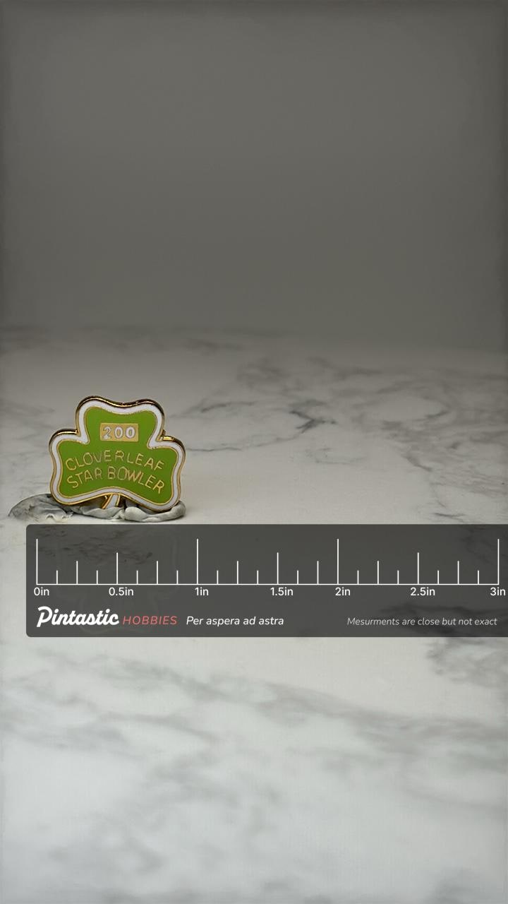 Cloverleaf Star Bowler 200 Pin: Green Enamel Gold Tone - Bowling Award with ruler overlay for size reference